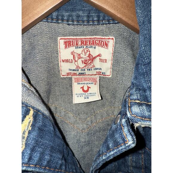 Vtg Y2K True Religion Jimmy Fitted Denim Jean Jacket Distressed Womens Size XS - Picture 3 of 13